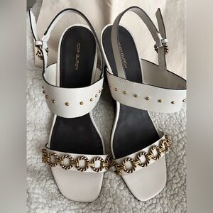 NEW Tory Burch Leather Chain Wedge Slingback Sandals - Sz11